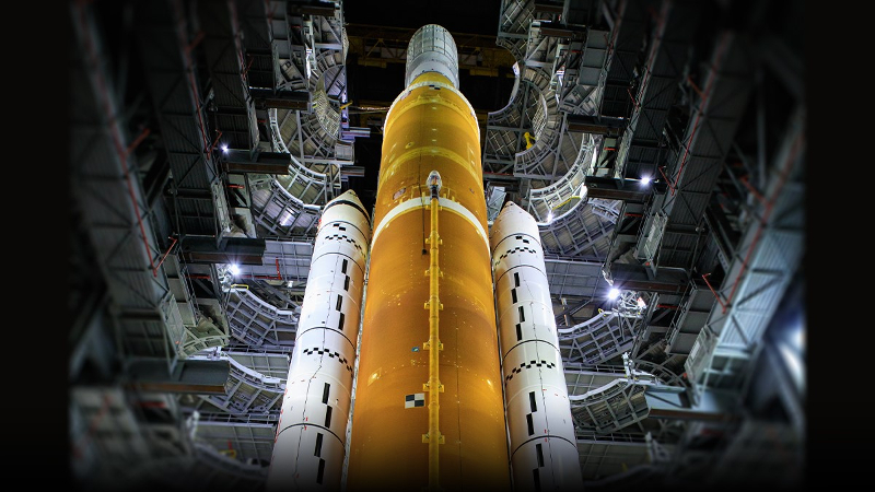 An image of NASA's Space Launch System Rocket